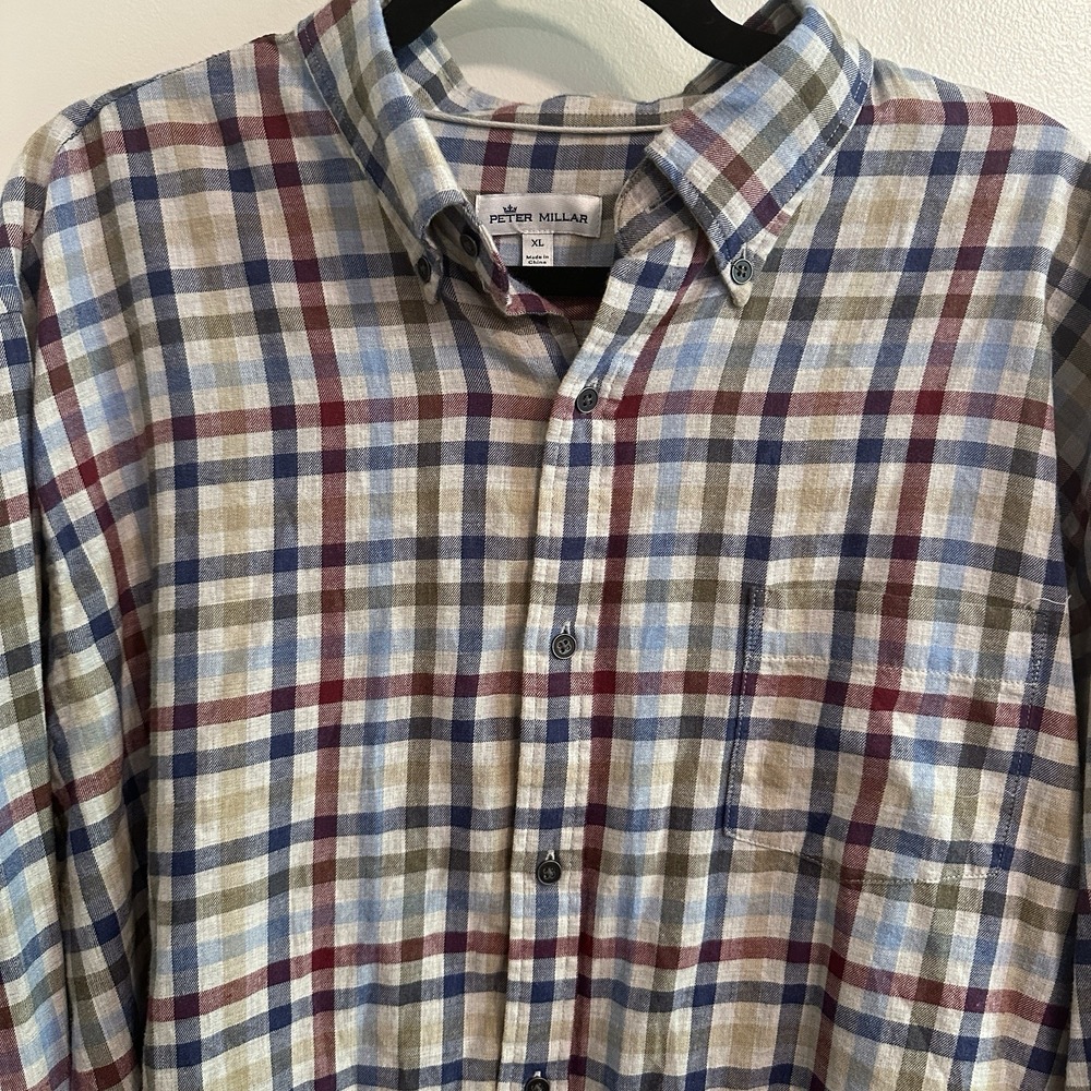 Peter Millar Shirt Mens XL Blue Red Tartan Plaid Crown‎ Crafted Cotton